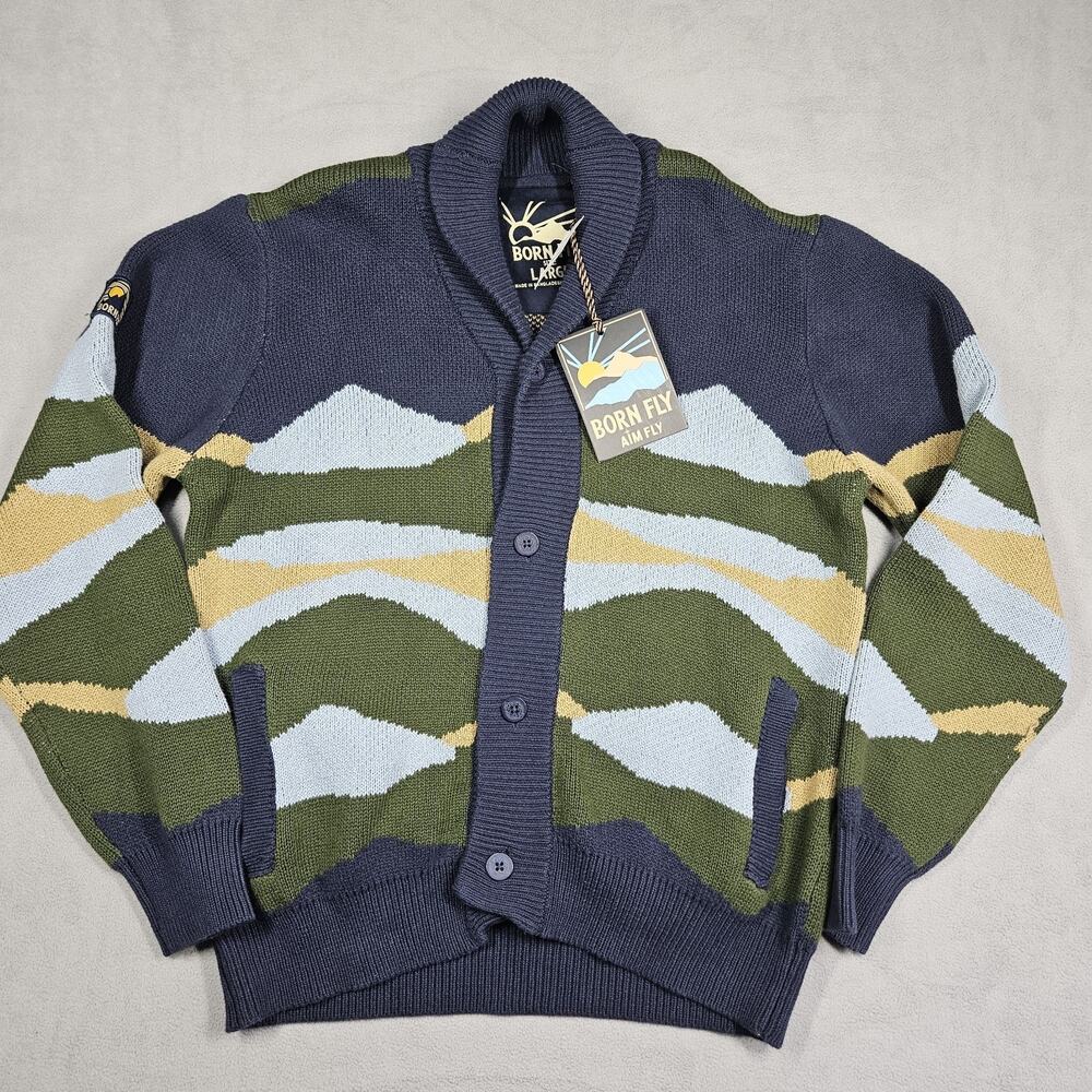 Born Fly Cardigan Mens Large Shawl Collar Sweater Abstract Nature Grandpa
